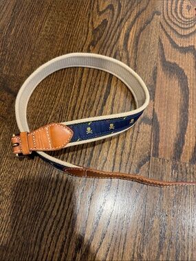 Vintage Rugby Ralph Lauren Navy Web Belt with Tan Leather and Gold Buckle